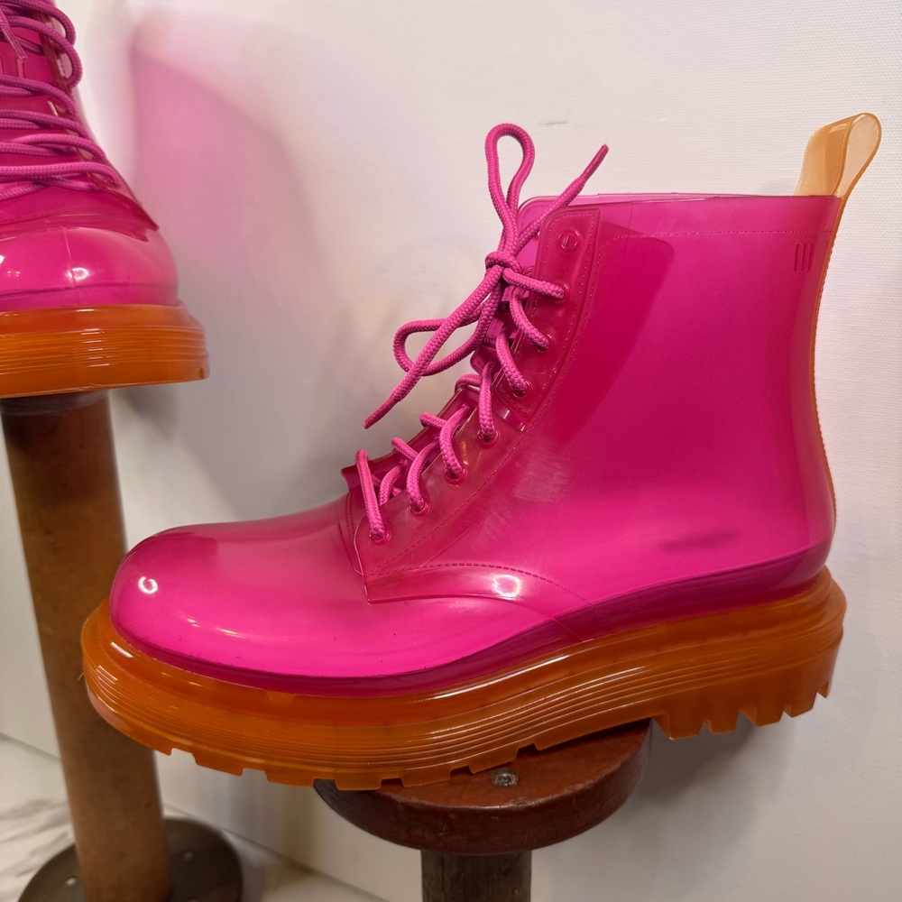 MELISSA Coturno Translucent Platform Lace Up Combat Boots HOT PINK-ORANGE / 7 US - Picture 3 of 14